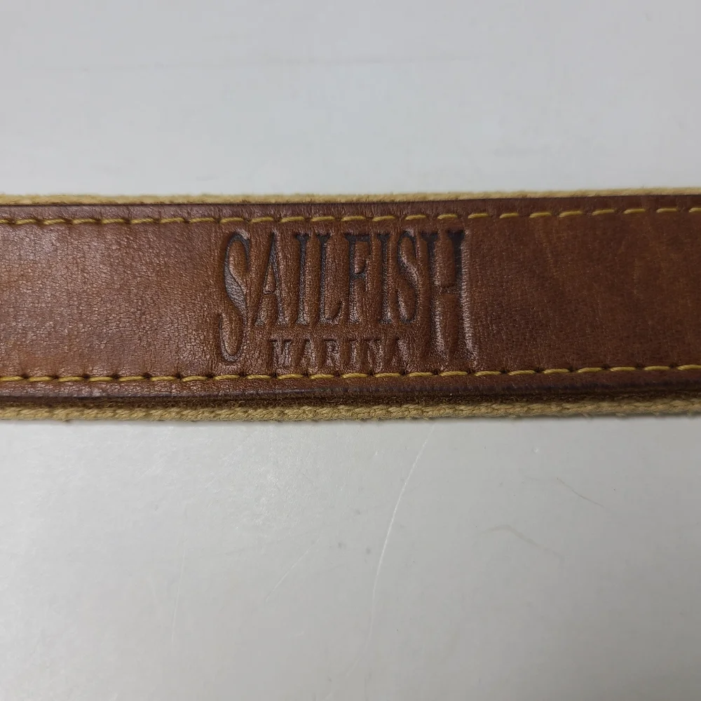 Sailfish Marina Genuine Leather Canvas Brass Buckle Tan Brown Distressed Belt